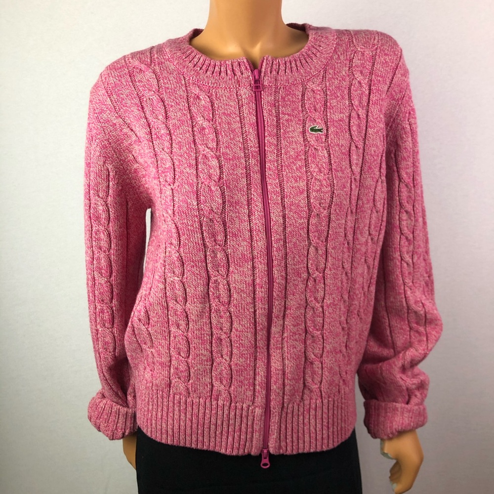 Lacoste pink cable knit zip wool cardigan Sz L 44 - Picture 1 of 8